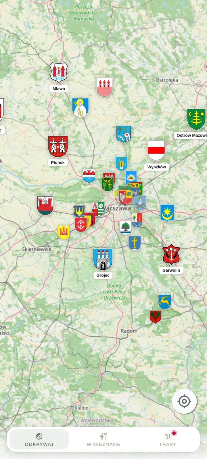 Ekran aplikacji Szlakowid: mapa Mazowsza z herbami opisanych miast