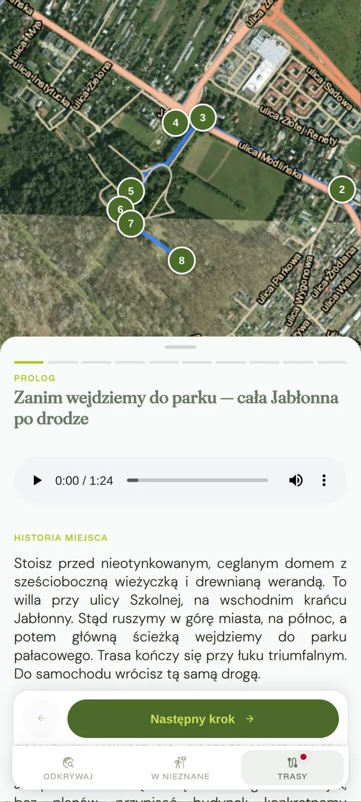 Ekran aplikacji Szlakowid: mapa trasy po Jabłonnie z ponumerowanymi przystankami i odtwarzacz pierwszego kroku