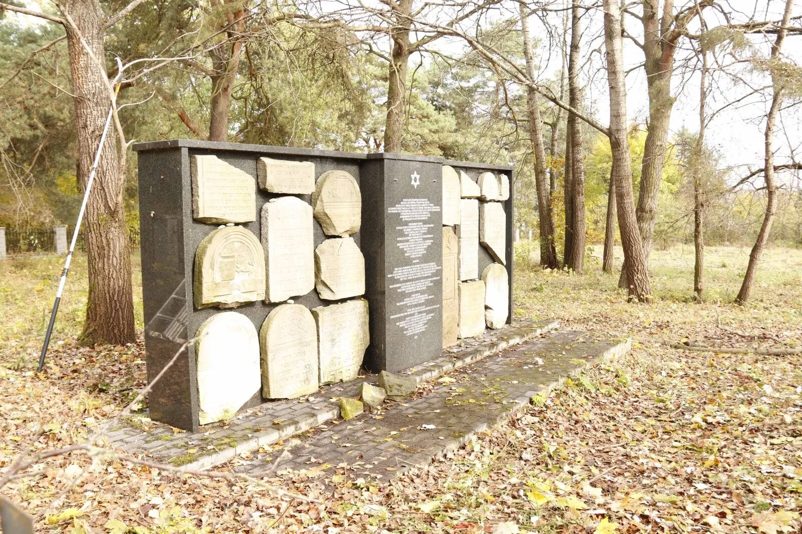 Pomnik-lapidarium na cmentarzu żydowskim w Serocku: ściana z czarnego granitu z wmurowanymi fragmentami kamiennych macew, gwiazdą Dawida i inskrypcją, wokół drzewa i opadłe liście.