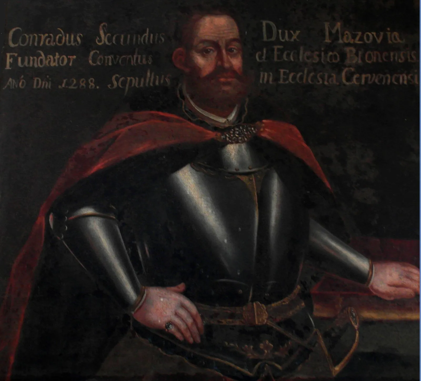 Portret księcia Konrada we wnętrzu kościoła, z łacińskim napisem