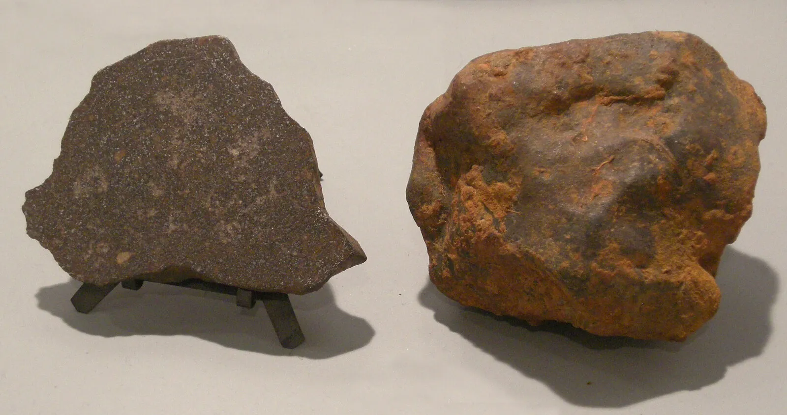 Fragment meteorytu pułtuskiego, ciemny kamienny okaz z pokrytą skorupą powierzchnią.