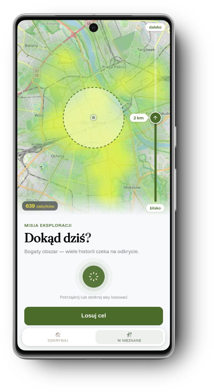 Ekran losowania w trybie W nieznane — mapa Warszawy z zielonym promieniem zasięgu i przyciskiem Losuj cel