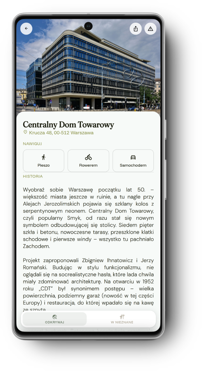 Ekran podglądu zabytku w aplikacji Szlakowid — zamazane zdjęcie ukrytego celu i ciekawostka historyczna