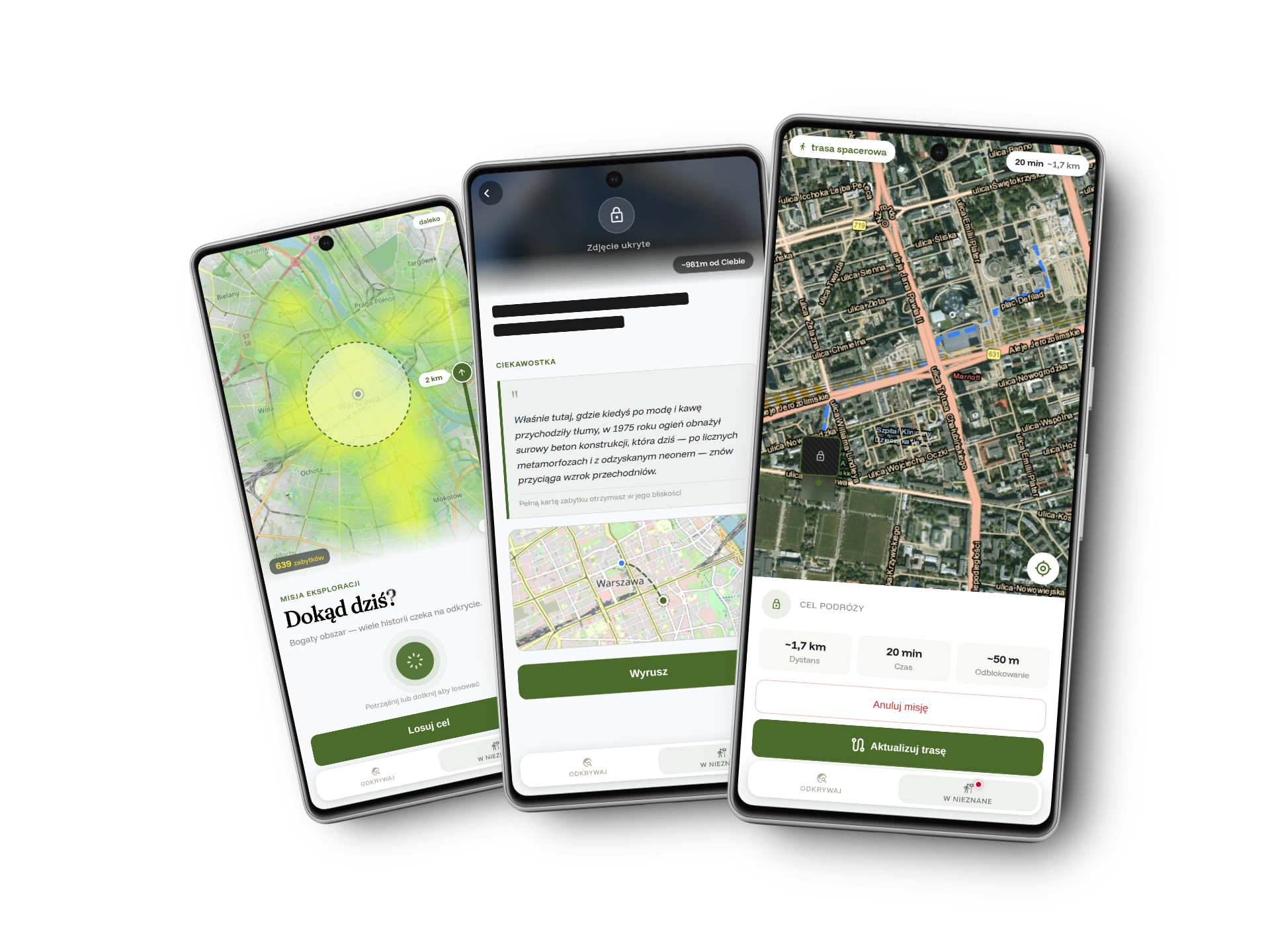 Trzy ekrany aplikacji Szlakowid pokazujące tryb losowania W nieznane, podgląd ukrytego zabytku z ciekawostką i mapę trasy spacerowej